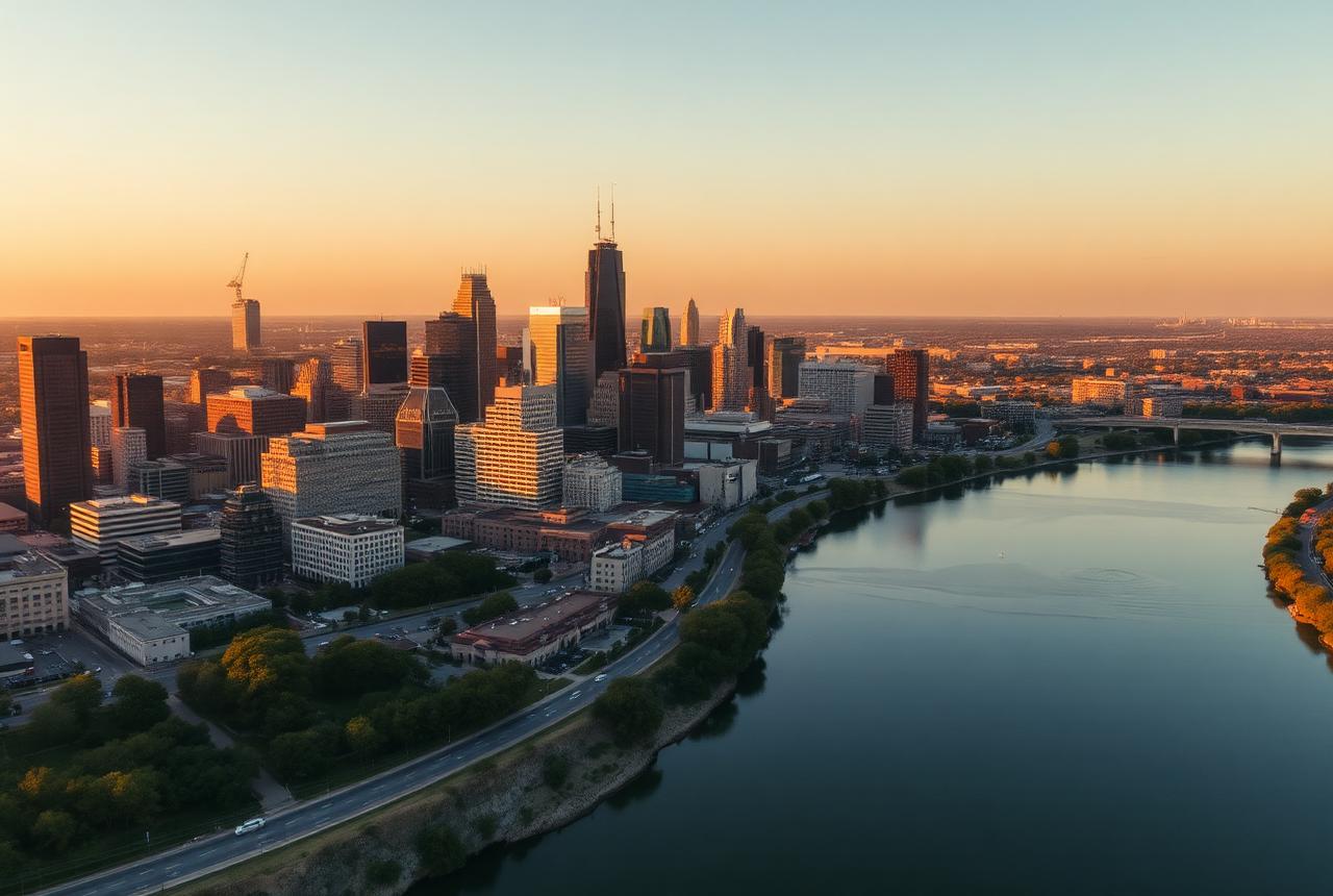Aerial view of the Austin, Texas skyline at golden hour