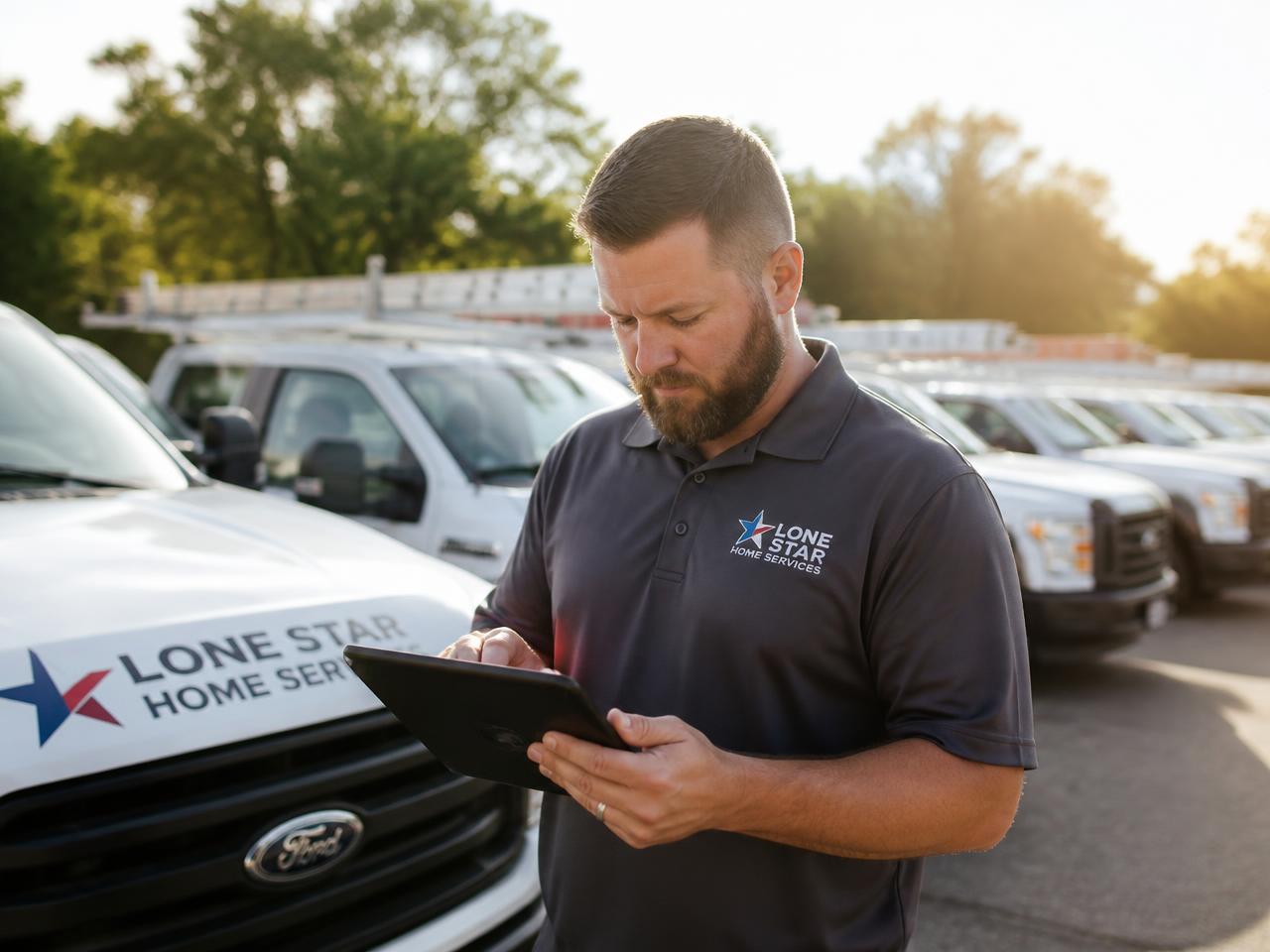 Service business owner reviewing job schedules on a tablet in front of his truck fleet